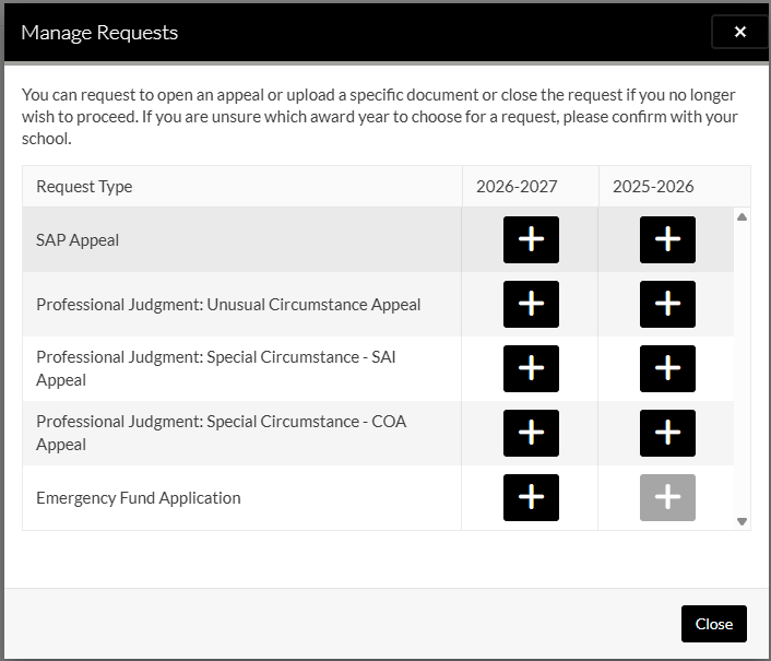 The manage requests appeal dialogue box screenshot.